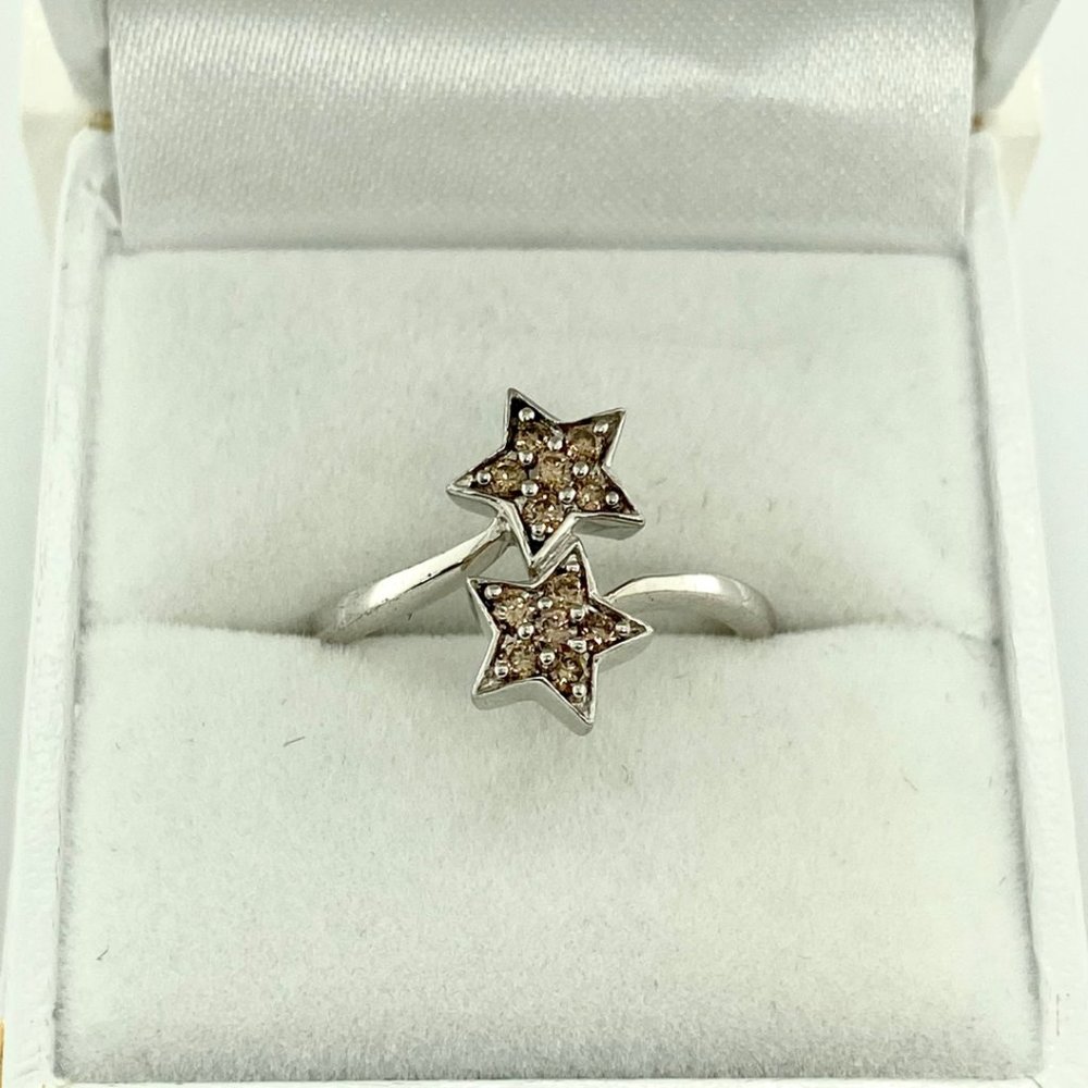 Sterling Silver and Cognac Diamond Twin Star Wrap Around Ring